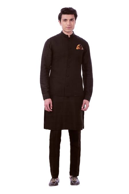 Shop_Taroob_Black Wool Mandarin Collar Nehru Jacket _Online_at_Aza_Fashions