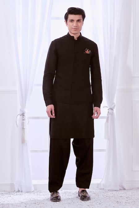 Taroob_Black Wool Mandarin Collar Nehru Jacket _at_Aza_Fashions