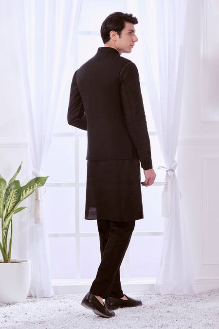 Buy_Taroob_Black Wool Mandarin Collar Nehru Jacket 