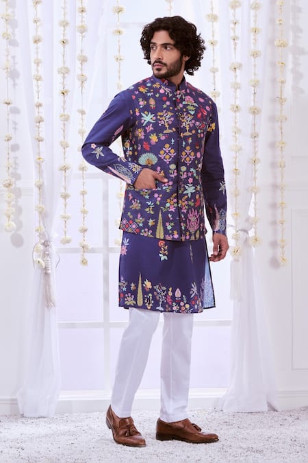 Taroob Blue 100% Silk Embroidery Kalamkari Thread Nizam Nehru Jacket  