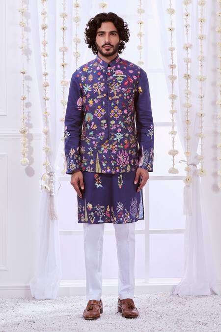 Buy Taroob Blue Silk Embroidery Navy Kalamkari Nehru Jacket Buy_Taroob_Blue Silk Embroidery Navy Kalamkari Nehru Jacket