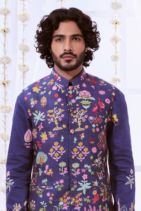 Shop Taroob Blue Silk Embroidery Navy Kalamkari Nehru Jacket Shop_Taroob_Blue Silk Embroidery Navy Kalamkari Nehru Jacket