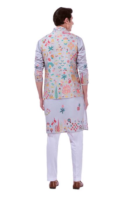 Taroob Gray Silk Embroidery Grey Kalamkari Nehru Jacket Online at Aza Fashions Taroob_Gray Silk Embroidery Grey Kalamkari Nehru Jacket_Online_at_Aza_Fashions
