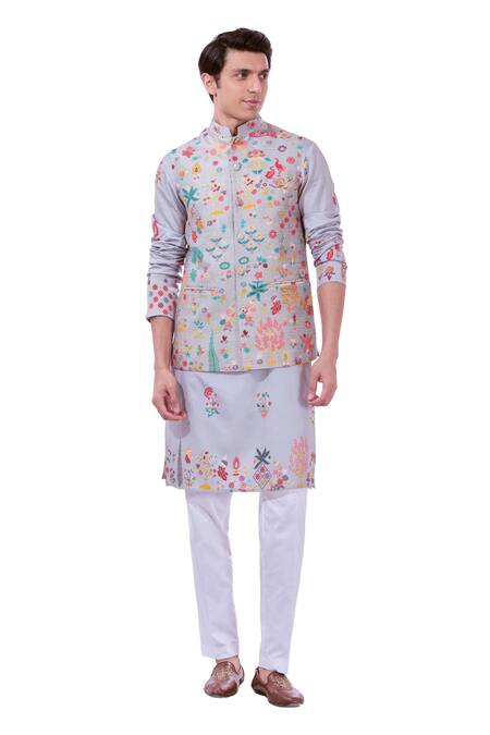 Taroob Gray Silk Embroidery Grey Kalamkari Nehru Jacket at Aza Fashions Taroob_Gray Silk Embroidery Grey Kalamkari Nehru Jacket_at_Aza_Fashions