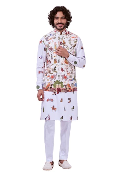 Shop_Taroob_White Silk Embroidery Kalamkari Bundi_Online_at_Aza_Fashions