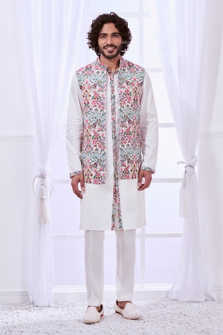 Shop_Taroob_White Wool Embroidery Floral Nehru Jacket _Online_at_Aza_Fashions