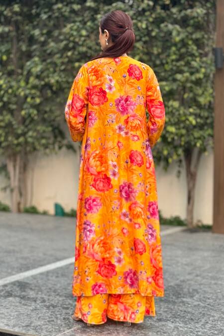 Shop Be Chic Yellow Crepe Round Neck Blossom Print Jacket Flared Pant Set at Aza Fashions Shop_Be Chic_Yellow Crepe Round Neck Blossom Print Jacket Flared Pant Set_at_Aza_Fashions