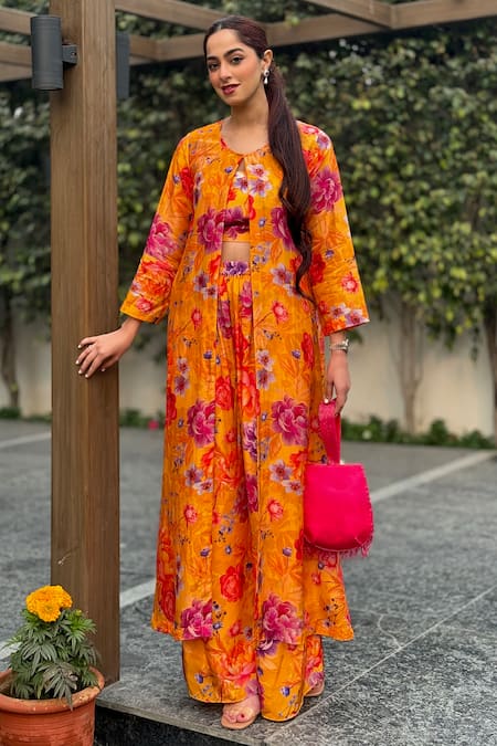Be Chic Yellow Crepe Round Neck Blossom Print Jacket Flared Pant Set Online at Aza Fashions Be Chic_Yellow Crepe Round Neck Blossom Print Jacket Flared Pant Set_Online_at_Aza_Fashions