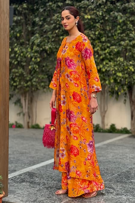 Buy Be Chic Yellow Crepe Round Neck Blossom Print Jacket Flared Pant Set Online at Aza Fashions Buy_Be Chic_Yellow Crepe Round Neck Blossom Print Jacket Flared Pant Set_Online_at_Aza_Fashions