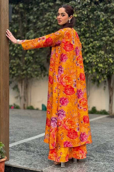 Shop Be Chic Yellow Crepe Round Neck Blossom Print Jacket Flared Pant Set Online at Aza Fashions Shop_Be Chic_Yellow Crepe Round Neck Blossom Print Jacket Flared Pant Set_Online_at_Aza_Fashions