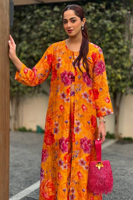 Be Chic Yellow Crepe Round Neck Blossom Print Jacket Flared Pant Set at Aza Fashions Be Chic_Yellow Crepe Round Neck Blossom Print Jacket Flared Pant Set_at_Aza_Fashions