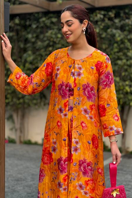 Buy Be Chic Yellow Crepe Round Neck Blossom Print Jacket Flared Pant Set Buy_Be Chic_Yellow Crepe Round Neck Blossom Print Jacket Flared Pant Set