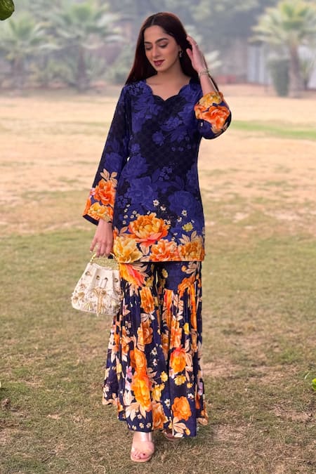 Buy_Be Chic_Purple Crepe Embroidery Scoop Neck Coral Bloom Print Kurta With Sharara _Online_at_Aza_Fashions