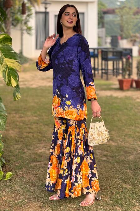 Shop_Be Chic_Purple Crepe Embroidery Scoop Neck Coral Bloom Print Kurta With Sharara _Online_at_Aza_Fashions