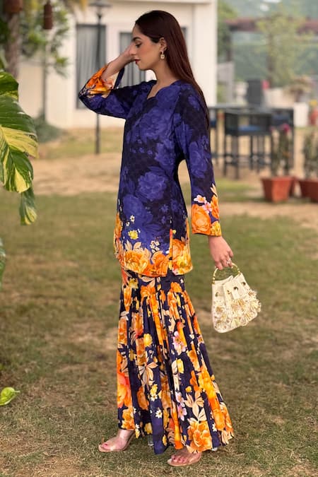 Be Chic_Purple Crepe Embroidery Scoop Neck Coral Bloom Print Kurta With Sharara _at_Aza_Fashions