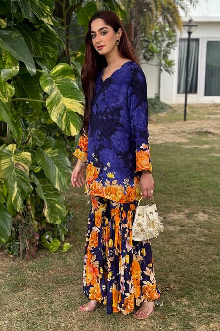 Shop_Be Chic_Purple Crepe Embroidery Scoop Neck Coral Bloom Print Kurta With Sharara 