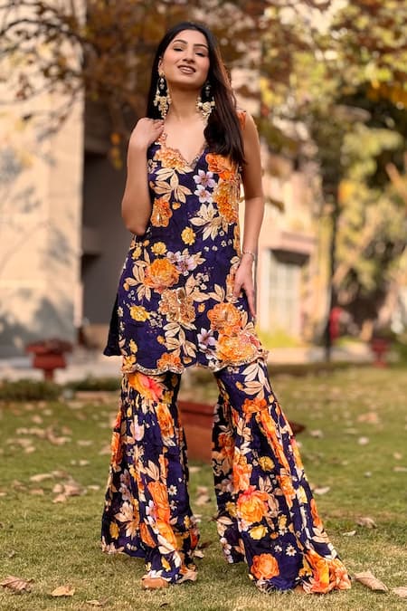 Be Chic Fern Bloom Print & Embellished Kurta With Sharara 