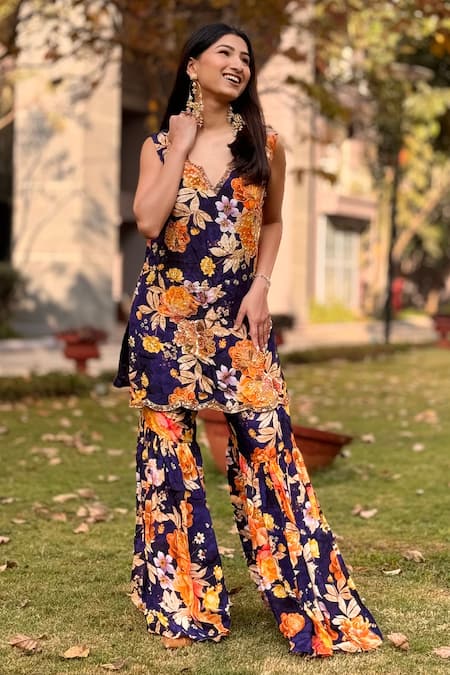 Buy_Be Chic_Purple Crepe Cut Work, Sequins Fern Bloom Print And Embellished Kurta With Sharara _Online_at_Aza_Fashions