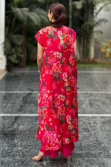 Be Chic Flora Rosa Print Jacket Flared Pant Set 