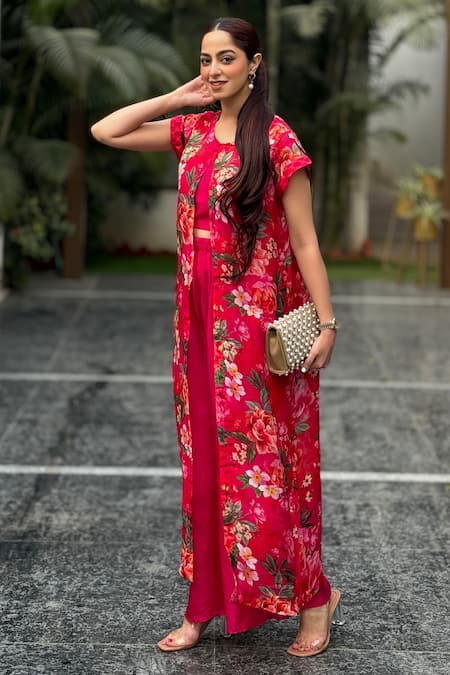 Shop_Be Chic_Pink Crepe Round Neck Flora Rosa Print Jacket Flared Pant Set _Online_at_Aza_Fashions