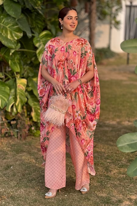 Shop_Be Chic_Pink Crepe Embroidery V-neck Meadow Bloom Print Draped Kaftan With Pant_Online_at_Aza_Fashions