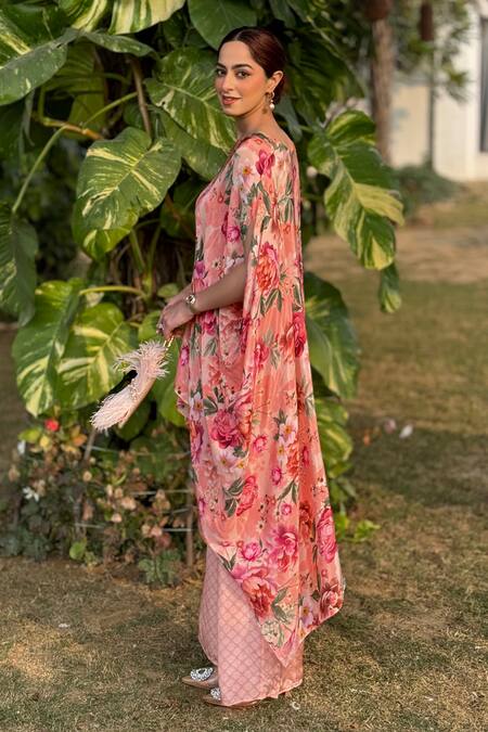 Be Chic_Pink Crepe Embroidery V-neck Meadow Bloom Print Draped Kaftan With Pant_at_Aza_Fashions