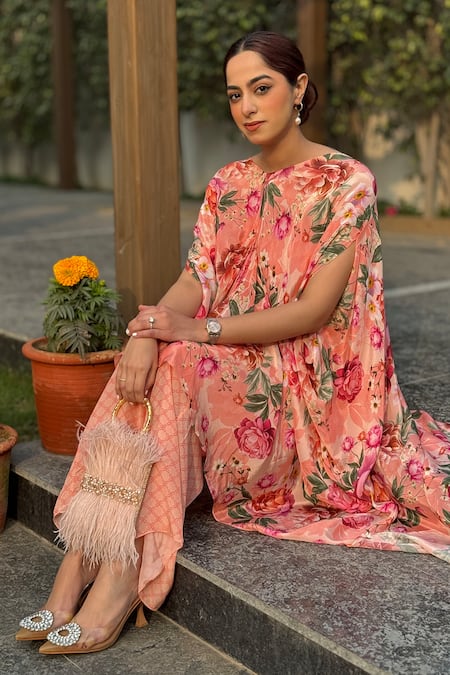 Shop_Be Chic_Pink Crepe Embroidery V-neck Meadow Bloom Print Draped Kaftan With Pant