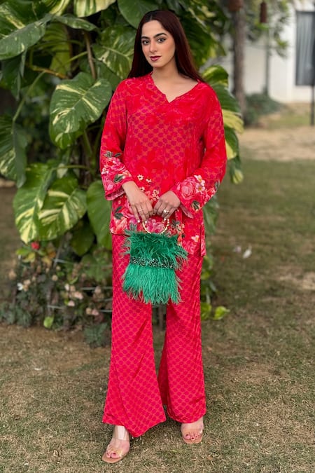 Shop Be Chic Pink Crepe Collared Plumeria Flora Print Top With Bootcut Pant Online at Aza Fashions Shop_Be Chic_Pink Crepe Collared Plumeria Flora Print Top With Bootcut Pant _Online_at_Aza_Fashions