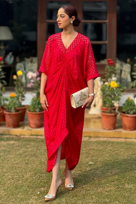 Shop_Be Chic_Pink Silk Sequins, Cut Work V-neck Vineyard Bloom Print Asymmetric Kaftan_Online_at_Aza_Fashions