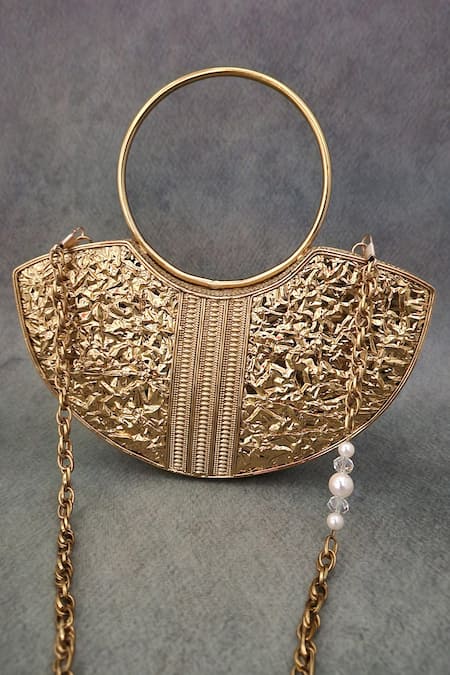 Shop Adwita Bags & Jewels Gold Mother Of Pearl Aaliyah Half Moon Shaped Bag at Aza Fashions Shop_Adwita Bags & Jewels_Gold Mother Of Pearl Aaliyah Half Moon Shaped Bag _at_Aza_Fashions
