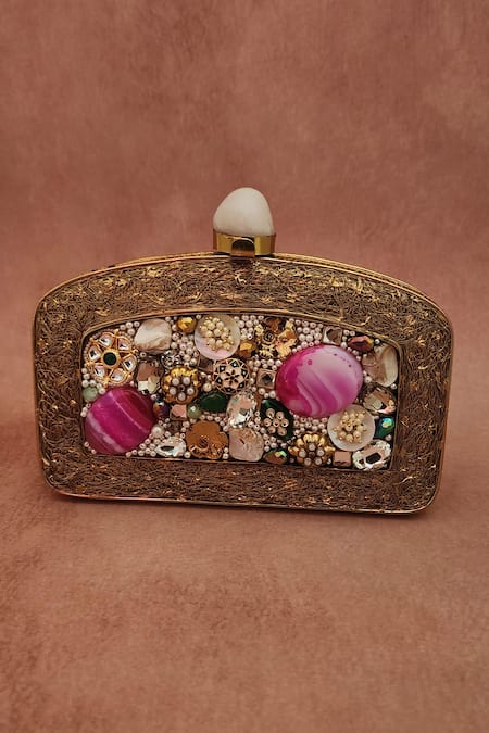 ADWITA BAGS & JEWELS Gold Natural Stone Rawiya Embellished Clutch 