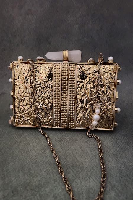 Shop Adwita Bags & Jewels Gold Mother Of Pearl Nadia Embellished Clutch at Aza Fashions Shop_Adwita Bags & Jewels_Gold Mother Of Pearl Nadia Embellished Clutch _at_Aza_Fashions