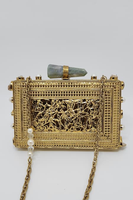 Shop Adwita Bags & Jewels Gold Pearl Nadia Rectangle Shaped Clutch at Aza Fashions Shop_Adwita Bags & Jewels_Gold Pearl Nadia Rectangle Shaped Clutch _at_Aza_Fashions