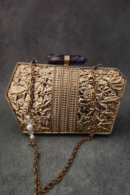 Shop Adwita Bags & Jewels Gold Mother Of Pearl Abia Embellished Clutch at Aza Fashions Shop_Adwita Bags & Jewels_Gold Mother Of Pearl Abia Embellished Clutch _at_Aza_Fashions