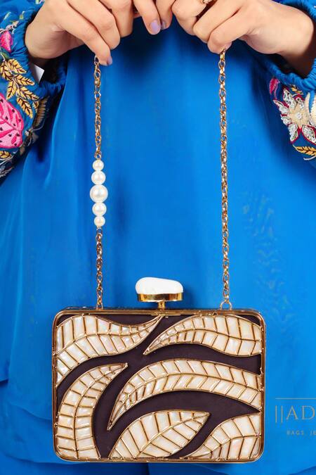 Adwita Bags & Jewels Gold Mother Of Pearl Aaroohi Leaf Carved Clutch Online at Aza Fashions Adwita Bags & Jewels_Gold Mother Of Pearl Aaroohi Leaf Carved Clutch _Online_at_Aza_Fashions