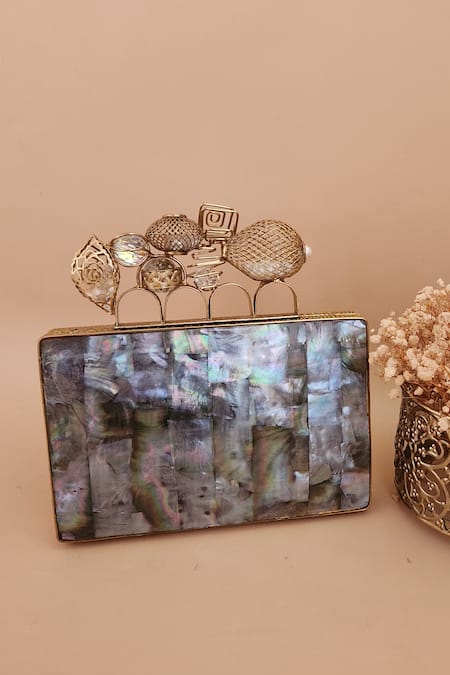 ADWITA BAGS & JEWELS Gold Mother Of Pearl Zarin Embellished Clutch 