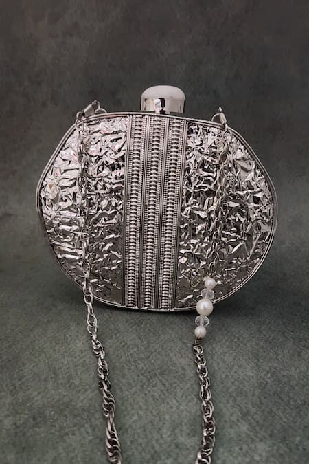 Shop Adwita Bags & Jewels Silver Pearls Elnara Mother Of Embellished Clutch at Aza Fashions Shop_Adwita Bags & Jewels_Silver Pearls Elnara Mother Of Embellished Clutch _at_Aza_Fashions