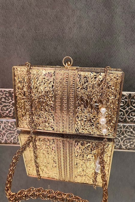 Shop Adwita Bags & Jewels Gold Mother Of Pearl The Zeus Crystal Embellished Bag at Aza Fashions Shop_Adwita Bags & Jewels_Gold Mother Of Pearl The Zeus Crystal Embellished Bag _at_Aza_Fashions