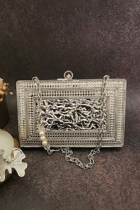 Shop Adwita Bags & Jewels Silver Mother Of Pearl The Zeus Rectangle Shaped Bag at Aza Fashions Shop_Adwita Bags & Jewels_Silver Mother Of Pearl The Zeus Rectangle Shaped Bag _at_Aza_Fashions