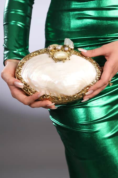 Shop Adwita Bags & Jewels Gold Embroidery The Rewa Pearl Embellished Shell Bag at Aza Fashions Shop_Adwita Bags & Jewels_Gold Embroidery The Rewa Pearl Embellished Shell Bag _at_Aza_Fashions