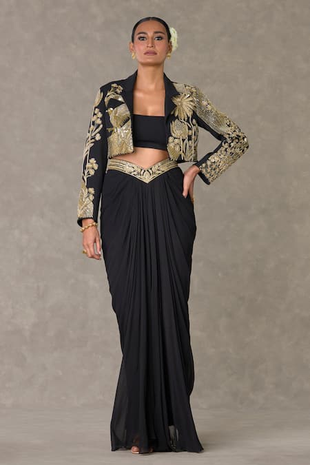 Masaba Black Cropped Blazer - Textured Knit Embroidery Embellished Draped Skirt Set