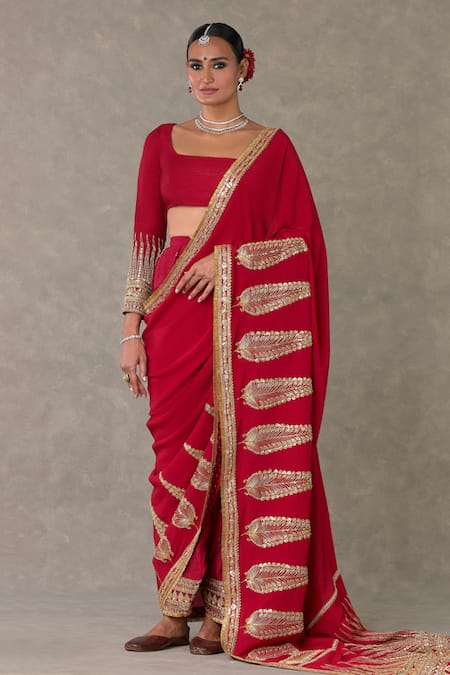 Masaba Red Saree Crepe Silk Son Patti Embellished Set With Unstitched Blouse Piece 