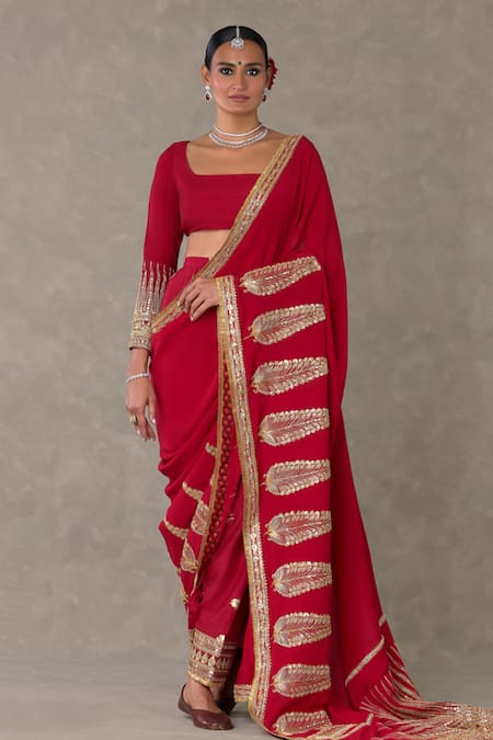 Masaba Red Saree Crepe Silk Embellished Son Chidiya With Unstitched Blouse Fabric 