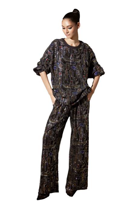 Buy_Itrh_Black Italian Crepe Embellished Egyptian Enigma Sweatshirtand Baggy Pant Set _Online_at_Aza_Fashions