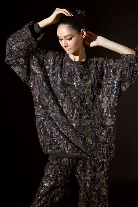 Shop_Itrh_Black Italian Crepe Embellished Egyptian Enigma Sweatshirtand Baggy Pant Set _Online_at_Aza_Fashions
