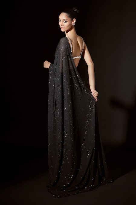 Shop_Itrh_Black Net, Silk Crystals, Layla Embellished Pre-stitched Saree With Blouse _at_Aza_Fashions