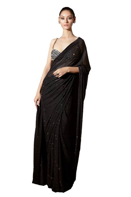 Itrh_Black Net, Silk Crystals, Layla Embellished Pre-stitched Saree With Blouse _Online_at_Aza_Fashions