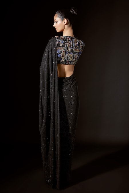 Shop Itrh Black Net Crystals High Neck Aziza Embellished Pre-stitched Saree With Blouse at Aza Fashions Shop_Itrh_Black Net Crystals High Neck Aziza Embellished Pre-stitched Saree With Blouse _at_Aza_Fashions
