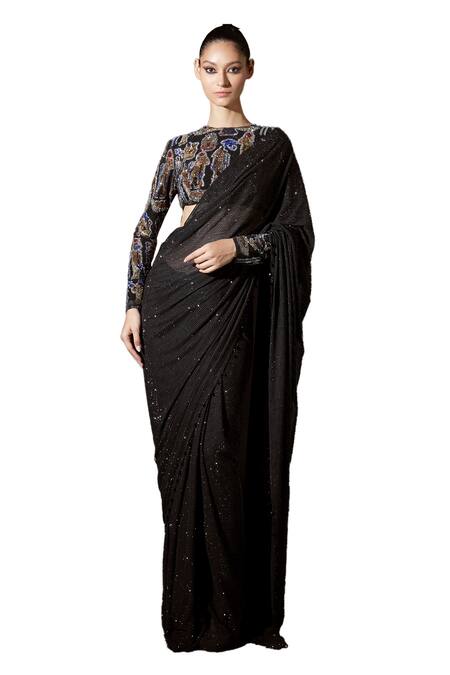 Itrh Black Net Crystals High Neck Aziza Embellished Pre-stitched Saree With Blouse Online at Aza Fashions Itrh_Black Net Crystals High Neck Aziza Embellished Pre-stitched Saree With Blouse _Online_at_Aza_Fashions