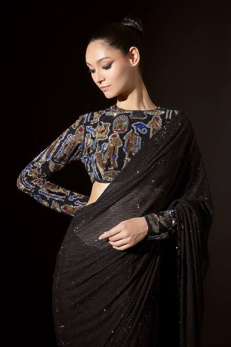 Buy Itrh Black Net Crystals High Neck Aziza Embellished Pre-stitched Saree With Blouse Online at Aza Fashions Buy_Itrh_Black Net Crystals High Neck Aziza Embellished Pre-stitched Saree With Blouse _Online_at_Aza_Fashions
